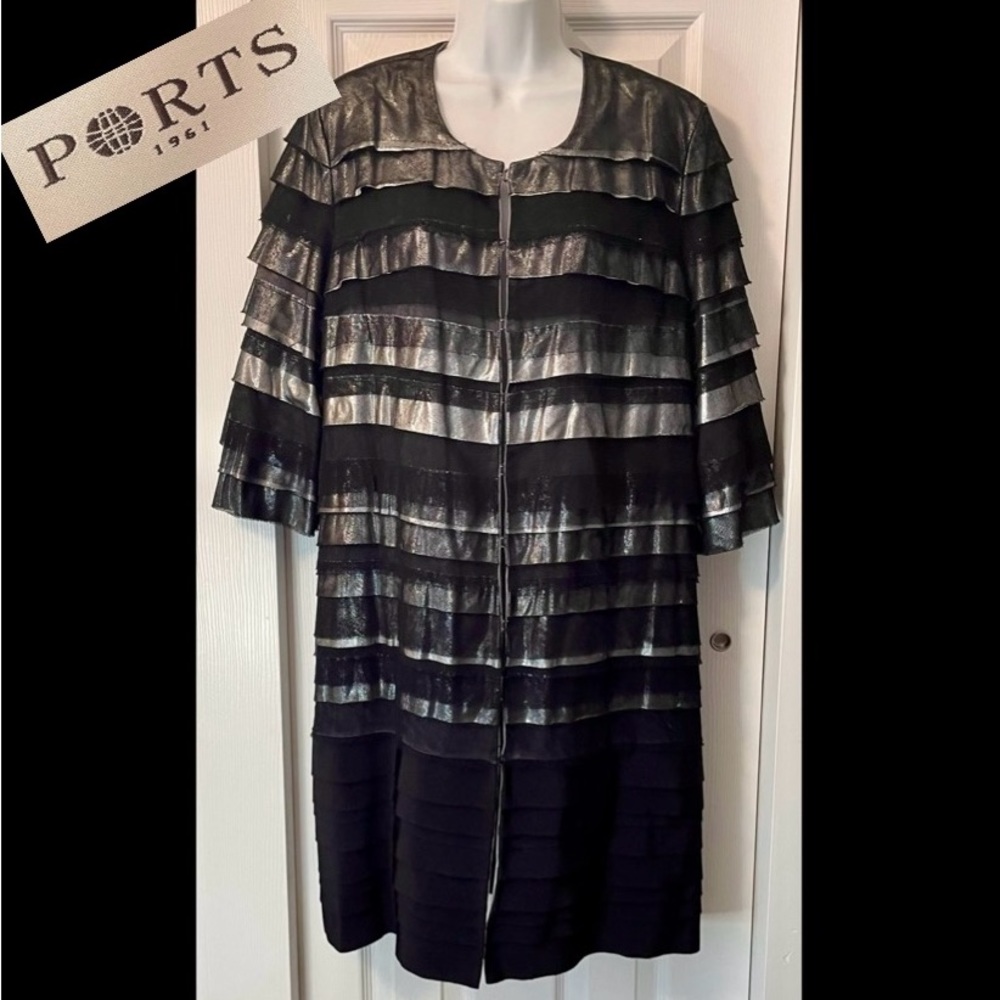 Fabulous Ports 1961 Layered Ruffle Black Mesh Silver Long Jacket Light Coat Rare